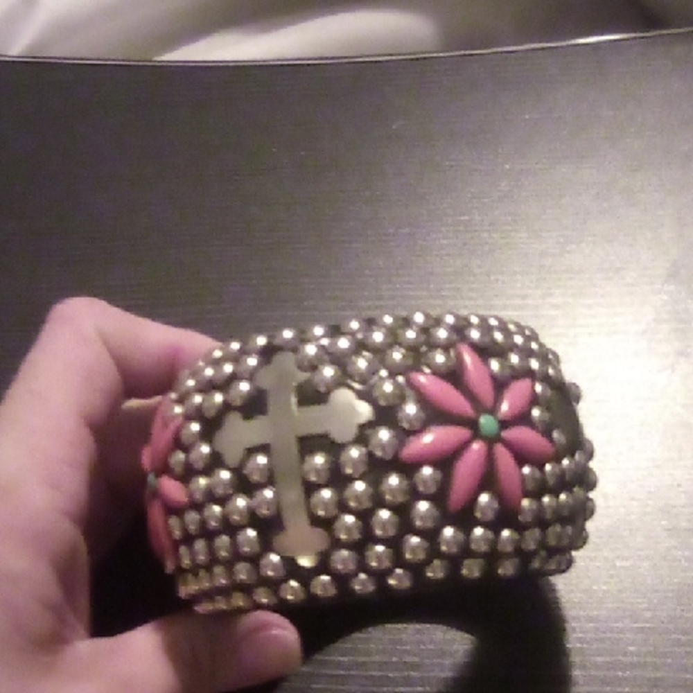 Studded Bracelet with  Silver Cross and Floral Design